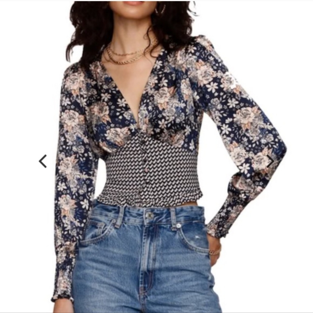Floral V-Neck Blouse with Black and White Accents